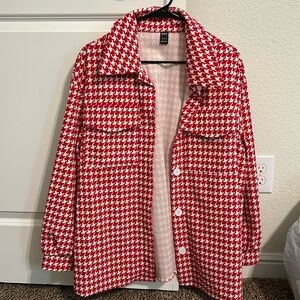 Red and white houndstooth shacket.